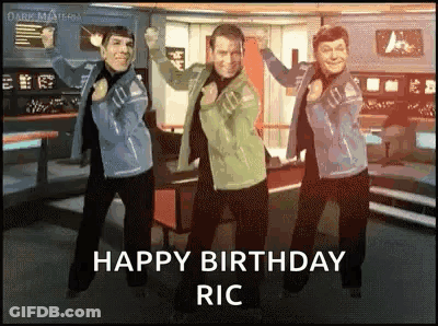 Three Men Are Dancing In A Room With The Words Happy Birthday Ric On The Bottom GIF