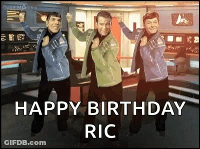 Three Men Are Dancing In A Room With The Words Happy Birthday Ric On The Bottom GIF