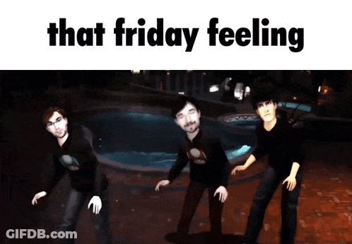 Three Men Are Dancing In Front Of A Pool With The Words That Friday Feeling Below Them GIF