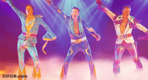 Three Men Are Dancing On A Stage And One Of Them Has The Word Sam On His Chest GIF