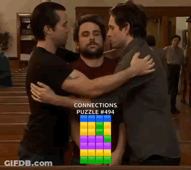 Three Men Are Hugging Each Other In Front Of A Puzzle That Says Connections Puzzle # 493 . GIF