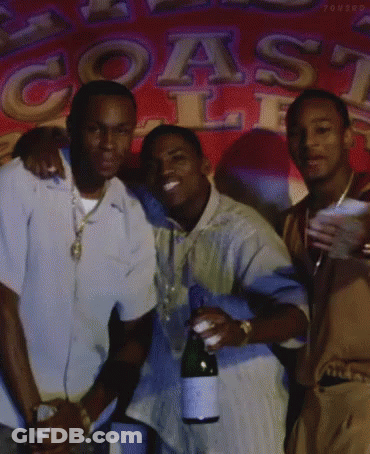 Three Men Are Posing For A Picture In Front Of A Sign That Says Coast Club GIF