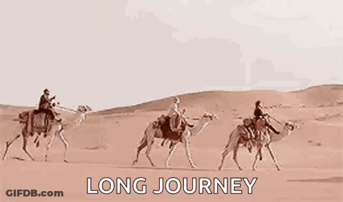 Three Men Are Riding Camels Through The Desert . GIF