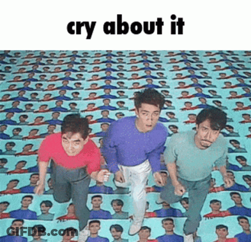 Three Men Are Running In Front Of A Wall Of Portraits With The Words Cry About It Above Them GIF