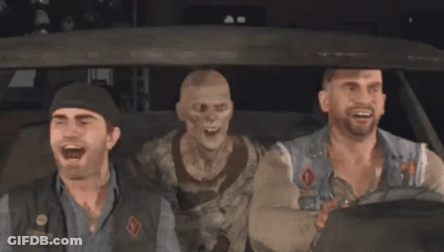 Three Men Are Sitting In A Car And One Of Them Has A Patch On His Vest That Says ' A.m. ' GIF