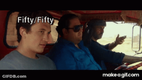 Three Men Are Sitting In A Car With The Words Fifty Fifty Written Above Them GIF