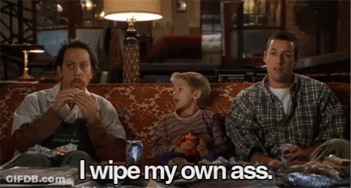 Three Men Are Sitting On A Couch And One Of Them Says " Wipe My Own Ass " GIF