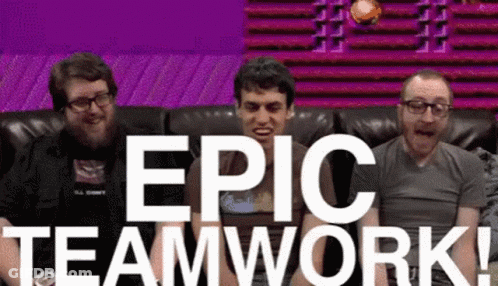 Three Men Are Sitting On A Couch With The Words Epic Teamwork GIF