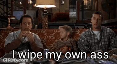 Three Men Are Sitting On A Couch With The Words I Wipe My Own Ass GIF