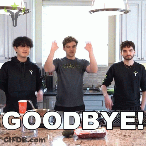 Three Men Are Standing In A Kitchen With The Words Goodbye Written In White GIF