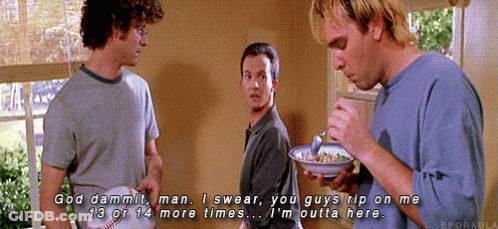 Three Men Are Standing In A Room And One Of Them Is Holding A Baseball And The Other Is Eating A Bowl Of Food GIF