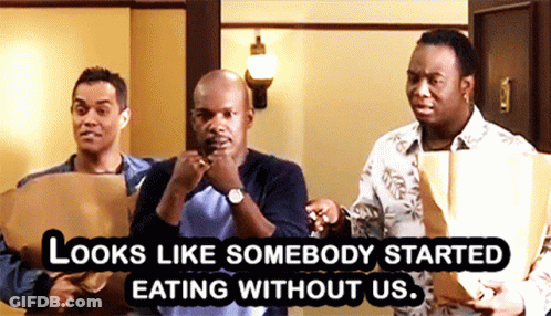 Three Men Are Standing In A Room With A Caption That Says Looks Like Somebody Started Eating Without Us GIF