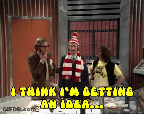Three Men Are Standing In A Room With The Words " A Think I 'M Getting An Idea " Written Above Them GIF
