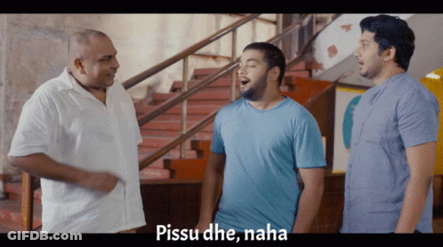 Three Men Are Standing In Front Of Stairs And One Of Them Says Pissu Ghe Maha GIF