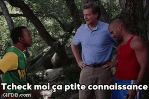 Three Men Are Standing In The Woods With The Words Tcheck Moi Ca Ptite Connaissance Written On The Bottom GIF