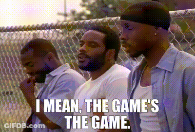 Three Men Are Standing Next To A Chain Link Fence And One Of Them Says I Mean The Game 'S The Game GIF