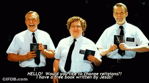 Three Men Are Standing Next To Each Other And One Of Them Is Saying Hello Would You Like To Change Religions ? GIF