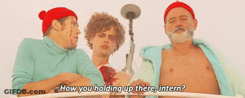 Three Men Are Standing Next To Each Other And One Of Them Says " How You Holding Up There , Intern " GIF