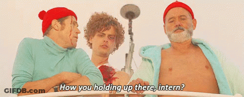Three Men Are Standing Next To Each Other And One Of Them Says How You Holding Up There Intern GIF