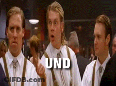 Three Men Are Standing Next To Each Other And The Word Und Is On The Bottom Right GIF