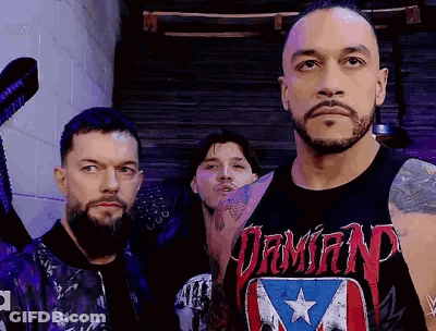 Three Men Are Standing Next To Each Other In A Room . GIF