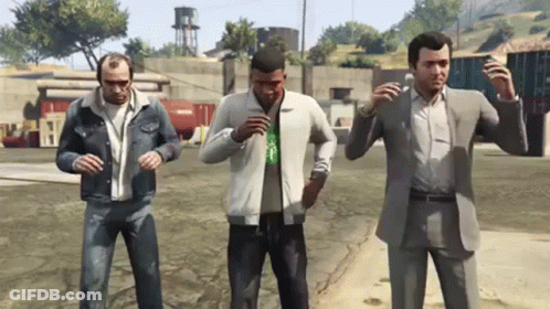Three Men Are Standing Next To Each Other In A Video Game GIF