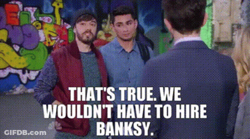 Three Men Are Standing Next To Each Other In Front Of A Graffiti Wall And A Woman . GIF