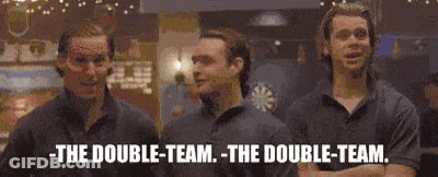 Three Men Are Standing Next To Each Other With Their Arms Crossed And The Words `` The Double-Team , The Double-Team . ' GIF