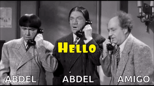 Three Men Are Talking On Phones With The Words Hello Written Above Them GIF