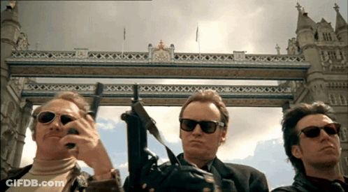 Three Men At Bridge With Clock GIF
