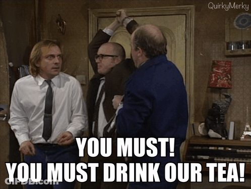 Three Men At Door Saying You Must Drink Our Tea GIF