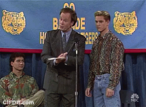 Three Men At Microphone With Tigers Banner GIF