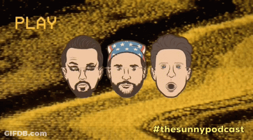 Three Men Cartoon With Play And #Thesunnypodcast GIF