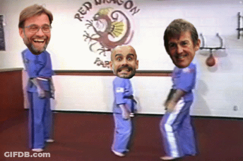 Three Men Dancing In Front Of Red Dragon Logo GIF