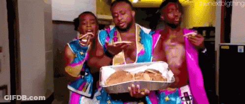 Three Men Eating Takeout GIF