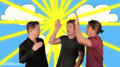 Three Men High Five In Front Of Blue Sky GIF