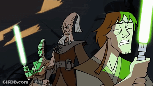 Three Men Holding Lightsabers With E GIF