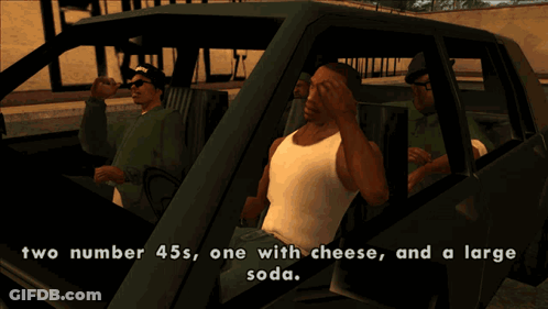 Three Men In A Car Saying Two Number 45S One With Cheese And A Large Soda GIF