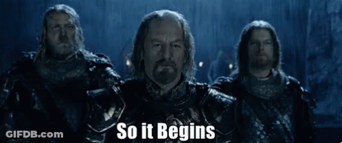 Three Men In Armor Are Standing Next To Each Other With The Words So It Begins Written On The Bottom GIF