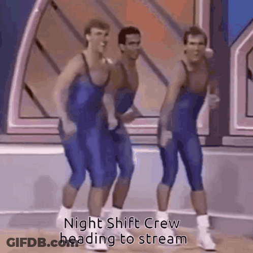 Three Men In Blue Jumpsuits Are Dancing In A Room With The Caption Night Shift Crew Heading To Stream . GIF