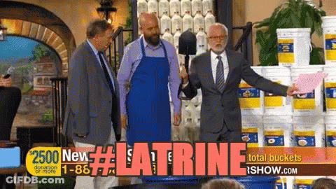 Three Men In Front Of Buckets And 2500 New Latrine Sign GIF