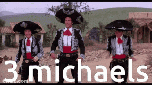Three Men In Mariachi Costumes Are Dancing With The Words 3 Michaels Written In White GIF