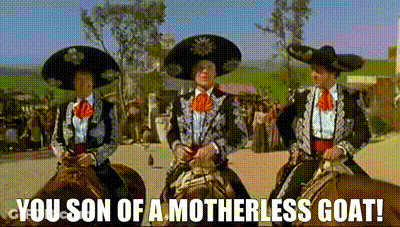 Three Men In Mariachi Costumes Are Riding Horses With The Caption You Son Of A Motherless Goat . GIF