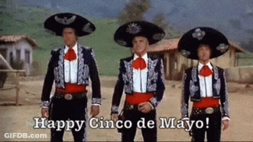 Three Men In Mariachi Costumes Are Standing Next To Each Other With The Words " Happy Cinco De Mayo " Written On The Bot GIF