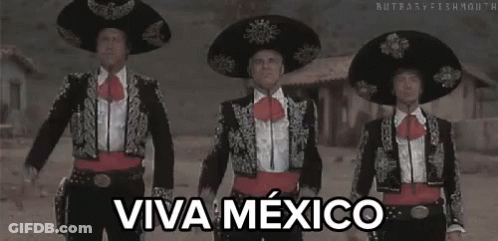 Three Men In Mariachi Costumes Dancing In A Line Viva Mexico GIF