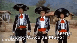 Three Men In Mariachi Costumes Saying Happy Cinco De Mayo GIF
