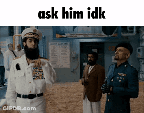 Three Men In Military Uniforms Are Standing In A Room With The Words Ask Him Idk Written Above Them GIF