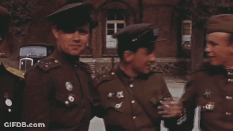 Three Men In Military Uniforms With Hat Letter O GIF