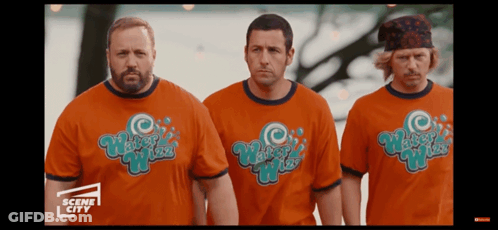 Three Men In Orange Water Wiz Shirts GIF