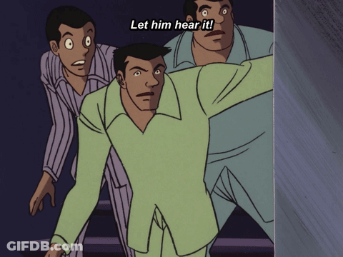Three Men In Pajamas Are Standing Next To Each Other With The Words Let Him Hear It Above Them GIF